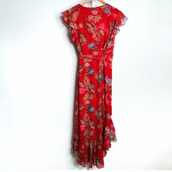 WAYF Clara Wrap Dress Botanical Red Print Floral High Low Ruffle Hem Size Medium - Picture 5 of 16